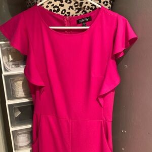 Womens bright pink pants suit with ruffle sleeve